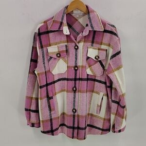Veveret Flannel Shacket Pink Plaid Size Large Button Up Pockets